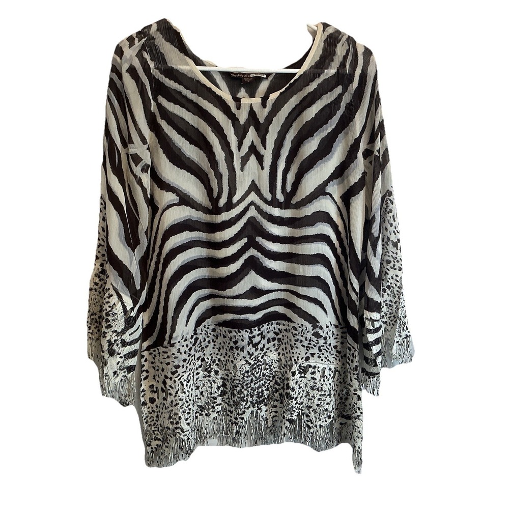 Mushka Sienna Rose Zebra Animal Print Sheer Tunic Blouse Fringe Sleeve Size S